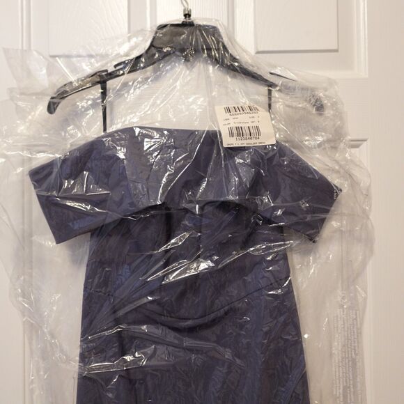 DESSY 3030 CUFFED OFF-THE-SHOULDER TRUMPET GOWN Silverstone Blue Gray Size 4 New - Picture 5 of 7